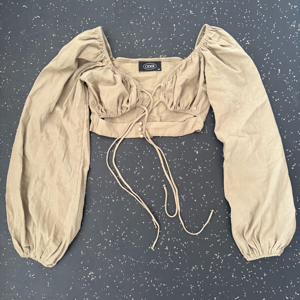 Cider Tan Puff Sleeve Crop Blouse - Picture 1 of 2